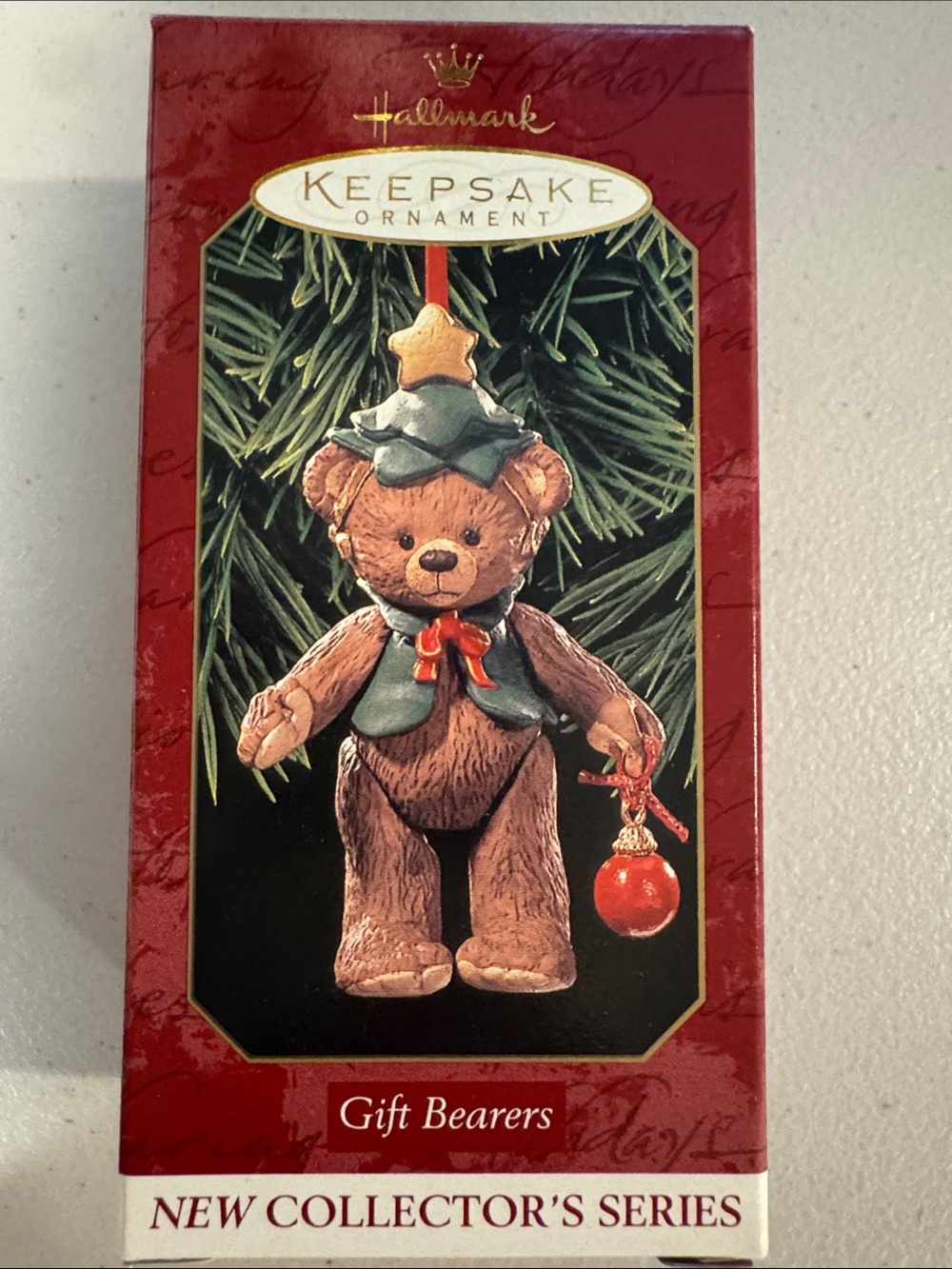 Hallmark Brown Teddy Bear Ornament with Green Hat and Red Ball
